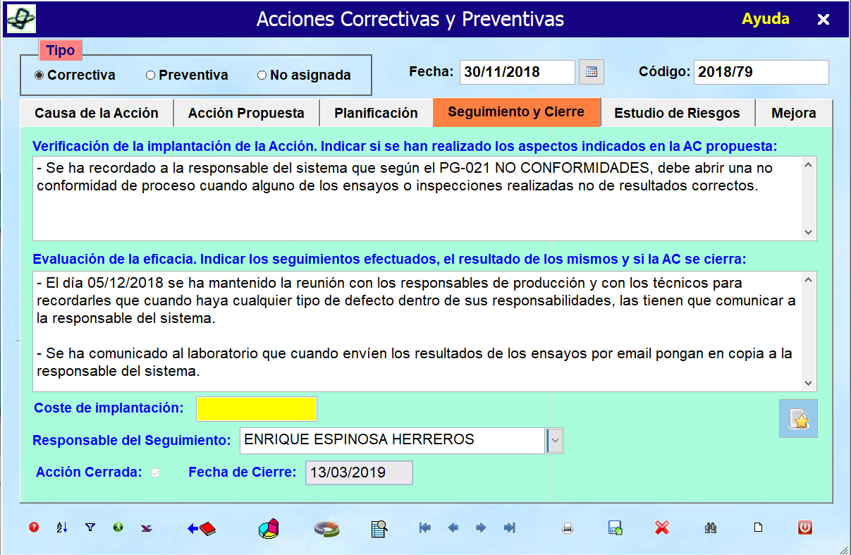 Acci&oacute;n correctiva cierre