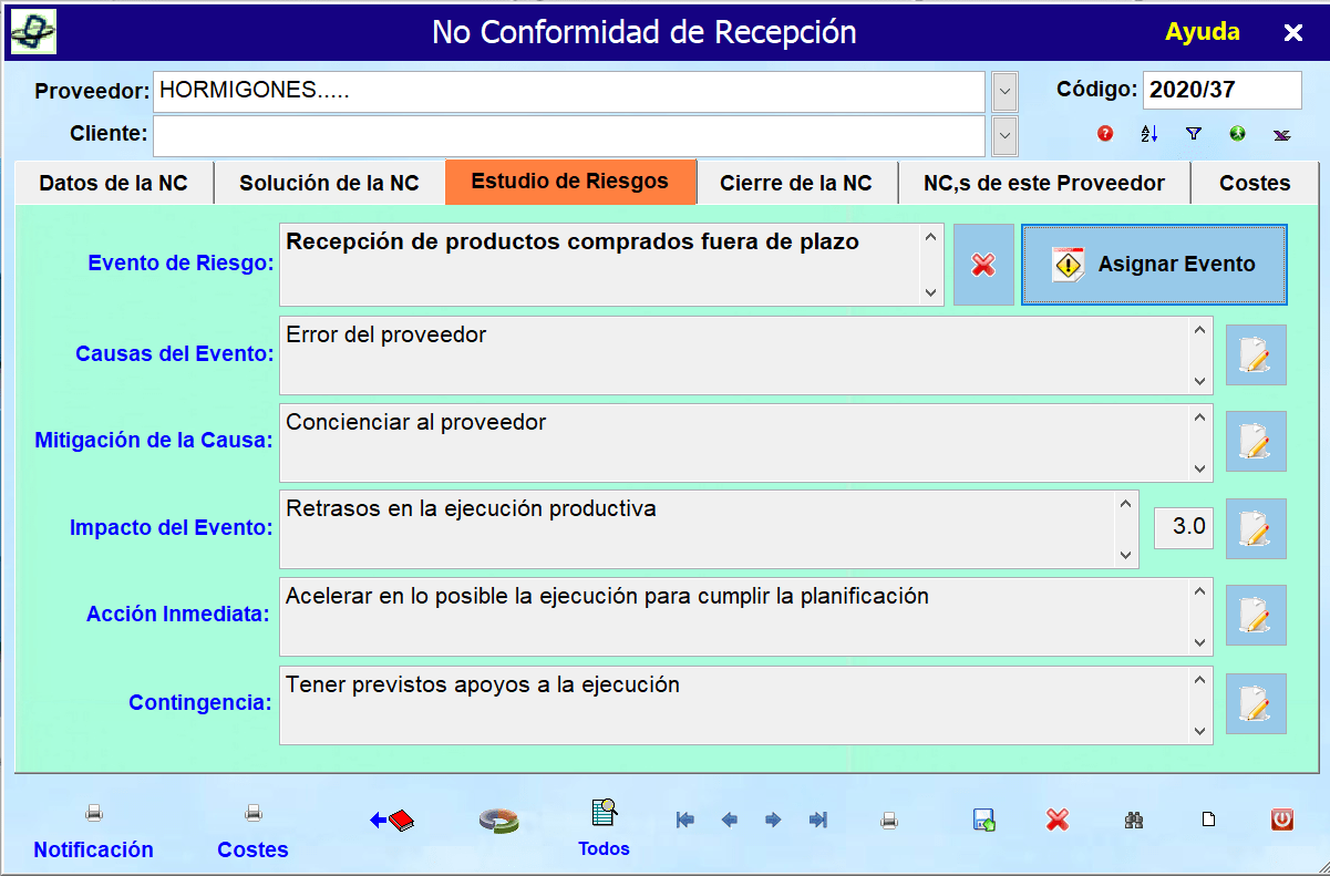 Estudio de riesgos NC de recepci&oacute;n